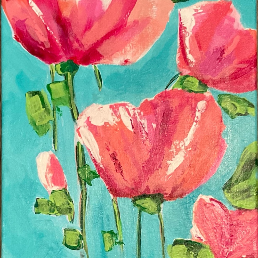 Floral Art Painting with Pink and Green Accents